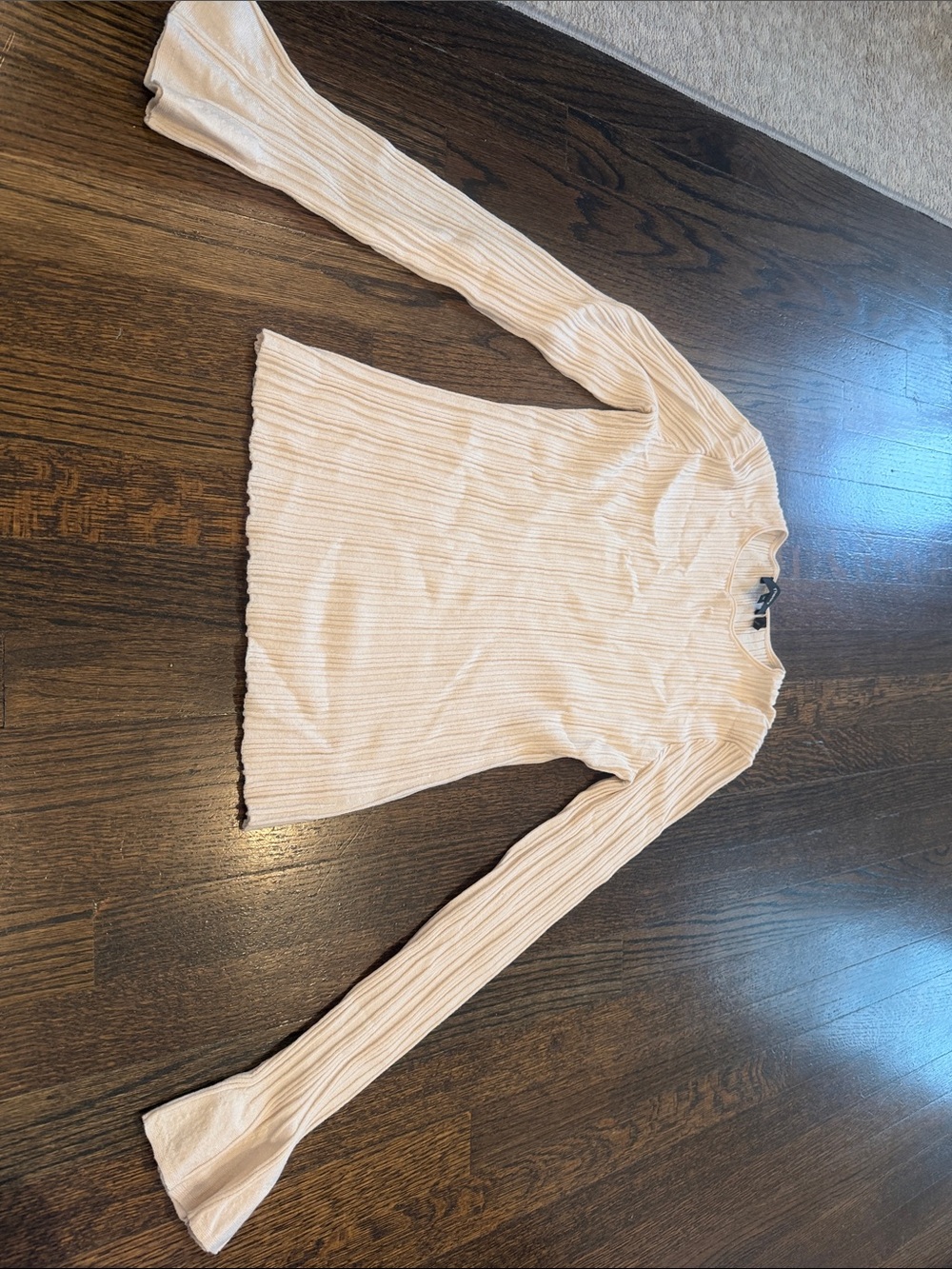Theory Cream Ribbed Long-Sleeve Lightweight Sweater w/ Bell Sleeve